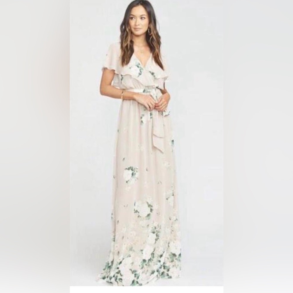 Show Me Your Mumu Floral Ruffle Maxi Dress Beige Green Size Small Wedding Guest